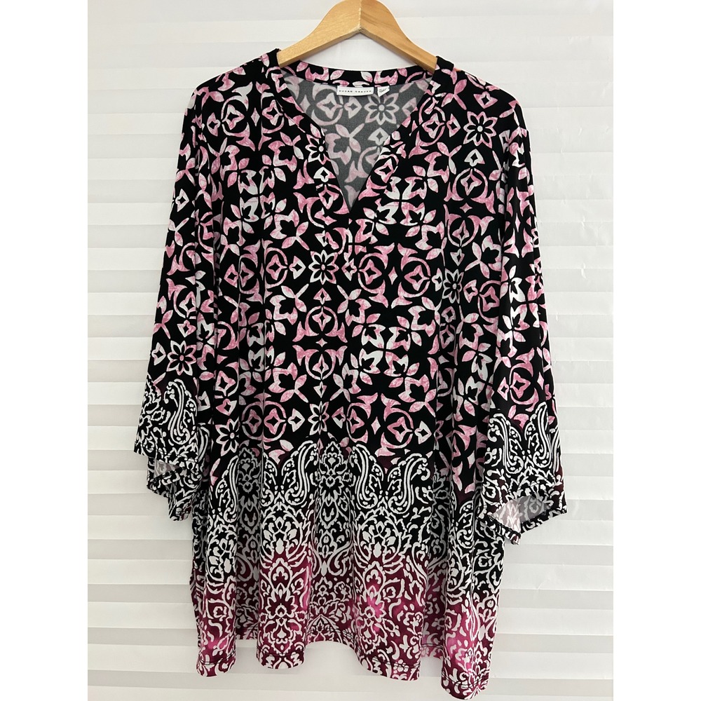 Susan Graver Liquid Knit Tunic Top Pink Black Paisley Print 3X Womens V-Neck